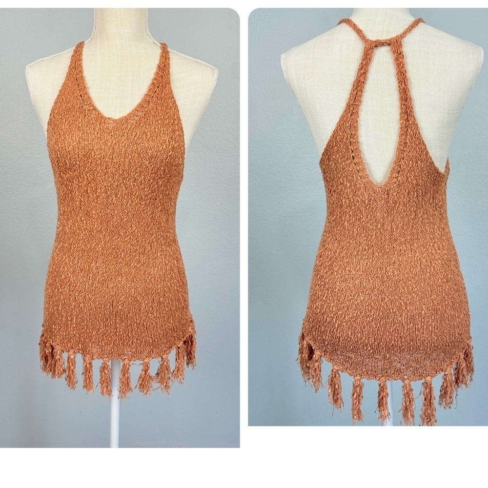 Shyanne Knit Fringe Racerback Tank M Tan Western Cowgirl Country Boho Festival